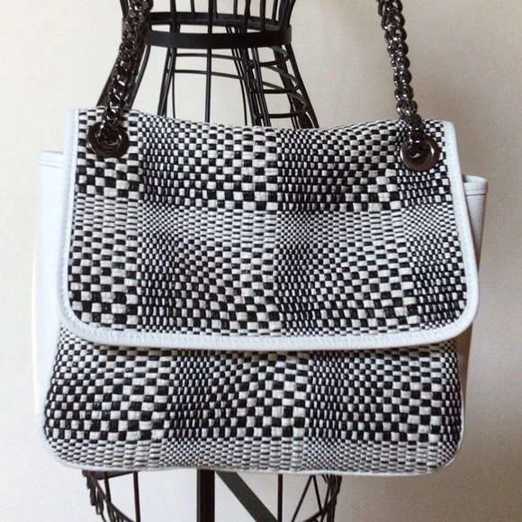 NWOTGS UNICA! FIRENZE ITALY WOVEN LEATHER BICOLOR CROSSBODY CHAIN STRAP BAG - Picture 4 of 12